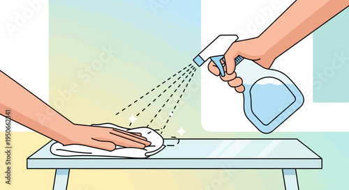 Hands cleaning a surface with spray and cloth.