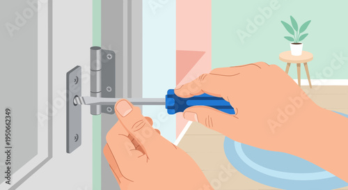 Hands using screwdriver to fix door latch mechanism.
