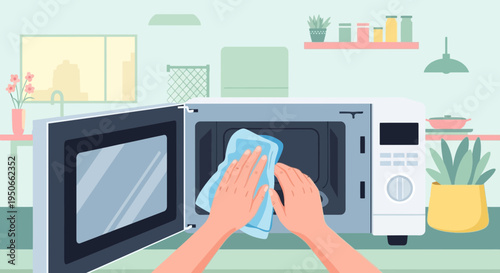 Hands cleaning inside of an open microwave oven with a blue cloth.