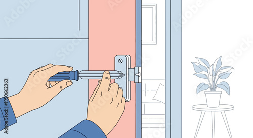 Hands repairing door handle with screwdriver close up.