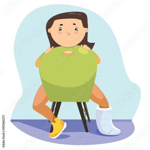 Cute little girl cheerleader with pom-poms, happy child character in sports uniform cheering.