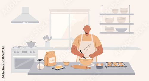 Man baking in a kitchen with ingredients laid out.