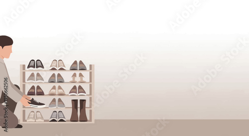 Man organizing shoes on a multitiered shoe rack.