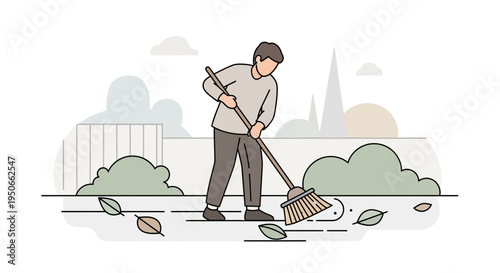 Man Sweeping Leaves on a Sidewalk.