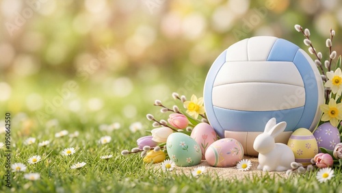Blue volleyball decorated with colorful easter eggs, bunny figure and spring flowers on green grass field. Easter holiday sports theme for family outdoor games and seasonal celebration. Pastel