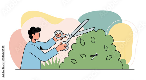 Man trimming green bush with scissors in abstract setting.