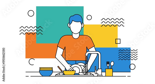 Man washing dishes at kitchen sink with colorful background.