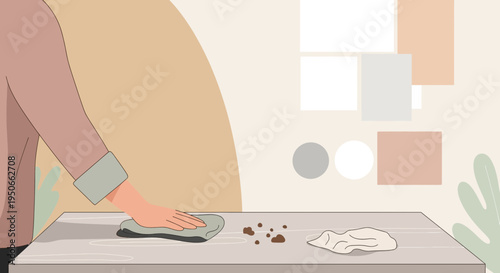 Person cleaning a surface with a cloth.
