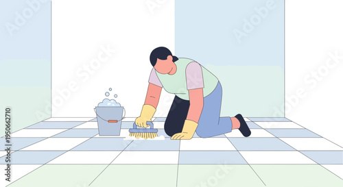 Person cleaning tiled floor on hands and knees with bucket.