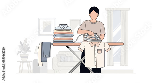 Person ironing clothes on a board with stack of laundry.