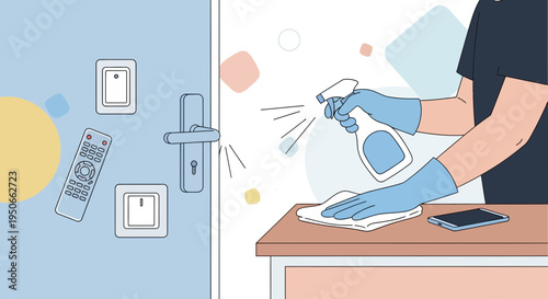 Person cleaning and disinfecting surfaces with spray bottle and cloth.