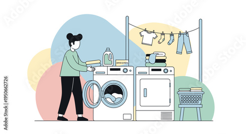 Person doing laundry with washing machine and dryer.