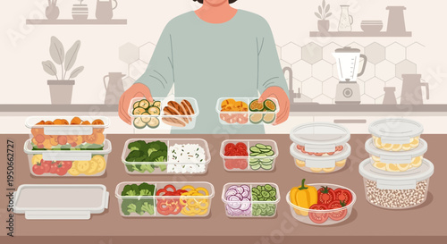 Person holding meal prep containers with healthy food portions.