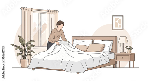 Person making a bed with white sheets.