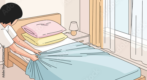 Person making a bed with fresh blue sheets.