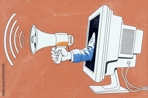 Computer Monitor with Arm Holding Megaphone, Digital Marketing Concept