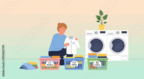 Person sorting laundry into colorful baskets near washing machines.