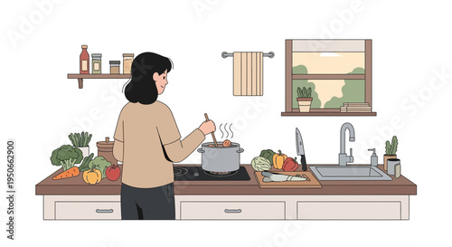 Woman cooking healthy food in a modern kitchen.