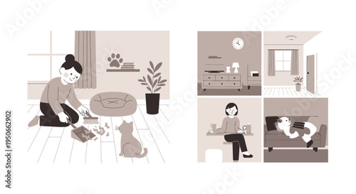 Woman cleaning pet area and people with pets in home scenes.