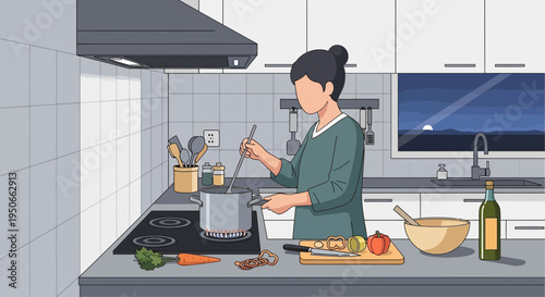 Woman cooking healthy food in modern kitchen.