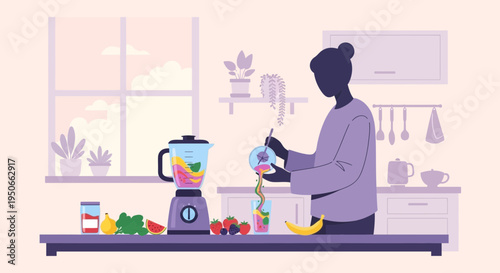 Woman making a healthy smoothie in a modern kitchen.