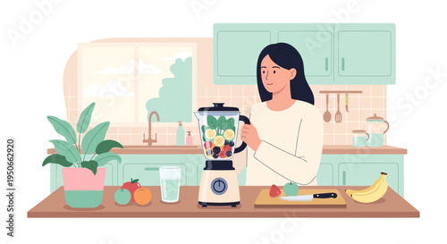 Woman making a healthy smoothie in a modern kitchen 1.