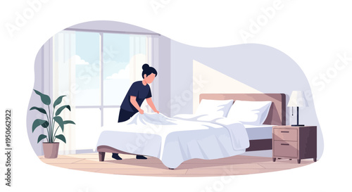 Woman making a bed in a bright bedroom.