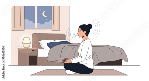 Woman meditating peacefully in bedroom at night 1.