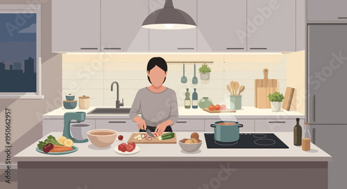 Woman preparing healthy food in a modern kitchen.