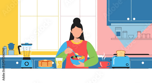 Woman preparing healthy breakfast in modern kitchen.