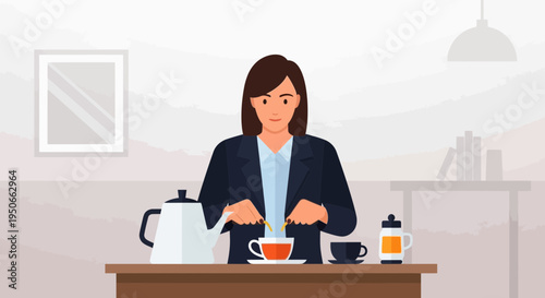 Woman Preparing Hot Beverage with Tea Cup and Kettle.