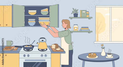 Woman reaching for bowls in kitchen cabinet.