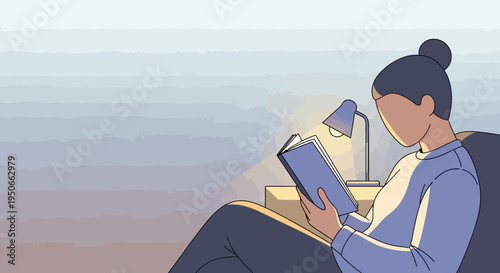 Woman reading a book under a lamp.