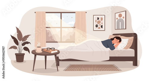 Woman Sleeping Peacefully in Cozy Bedroom Morning Light.