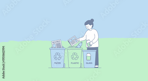 Woman sorting waste into recycling bins for environmental protection 1.