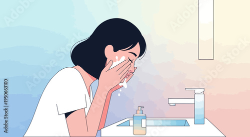 Young Woman Washing Her Face in a Bathroom Sink.