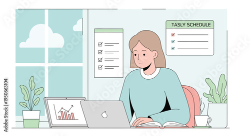 Young woman working diligently on her laptop at a desk.