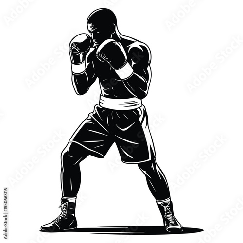 Professional boxer silhouette in ready stance with gloves prepared for match combat sports athlete powerful competitive themed design