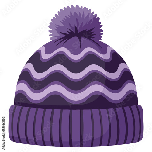 Purple winter hat with thick knit and fluffy pom pom keeping someone warm cozy seasonal fashion illustration
