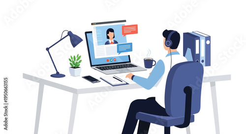 Vector illustration of a man working on laptop with video call