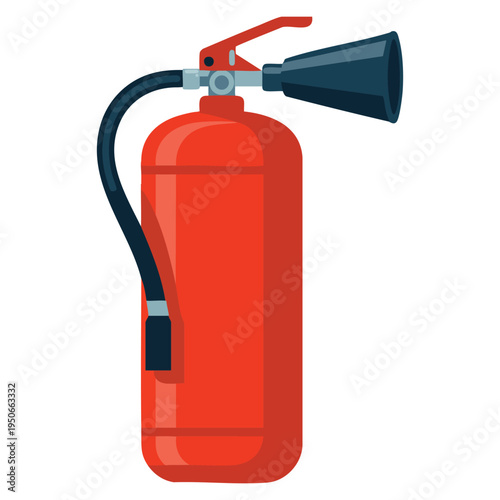 Red fire extinguisher upright and ready for use in fire emergency suitable for safety awareness training equipment and protection themed designs