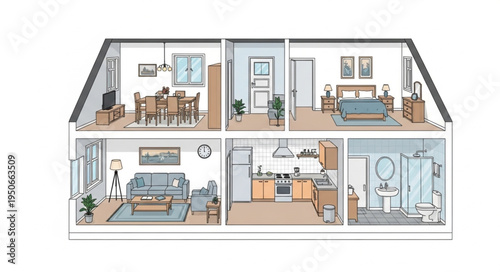 Cutaway view of a modern house interior with furnished rooms.