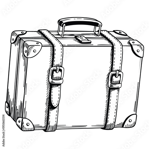 Retro style suitcase ink sketch hand drawn vector illustration isolated on white background ideal for travel luggage engraving and vintage artwork