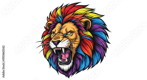 Fierce Lion Head with Colorful Mane Roaring Aggressively.