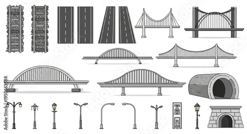 Collection of bridge and road illustrations and streetlights.