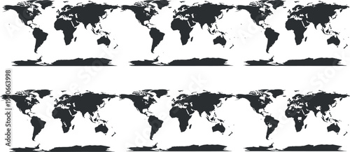 A black and white image of multiple world maps isolated on transparent background