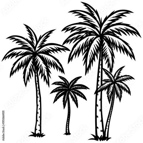 A tropical island landscape featuring the black silhouette of a coconut palm tree against a summer beach scene illustration