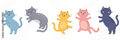 Five Cute Cartoon Cats in Different Poses kittens playful