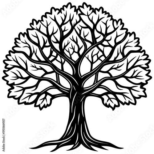 An elegant black vector silhouette of a nature tree with roots and branches featuring a seasonal leaf design for a forest plant illustration symbol of growth