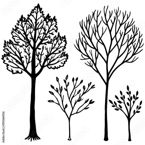 A professional set of vector tree silhouettes featuring various leaf designs and trunk shapes for nature-inspired forest illustrations, perfect for spring, summer, and autumn environment art